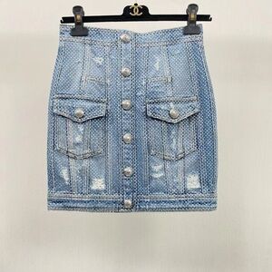 🚩steal authentic Balmain Blue Distressed Denim Mini Skirt